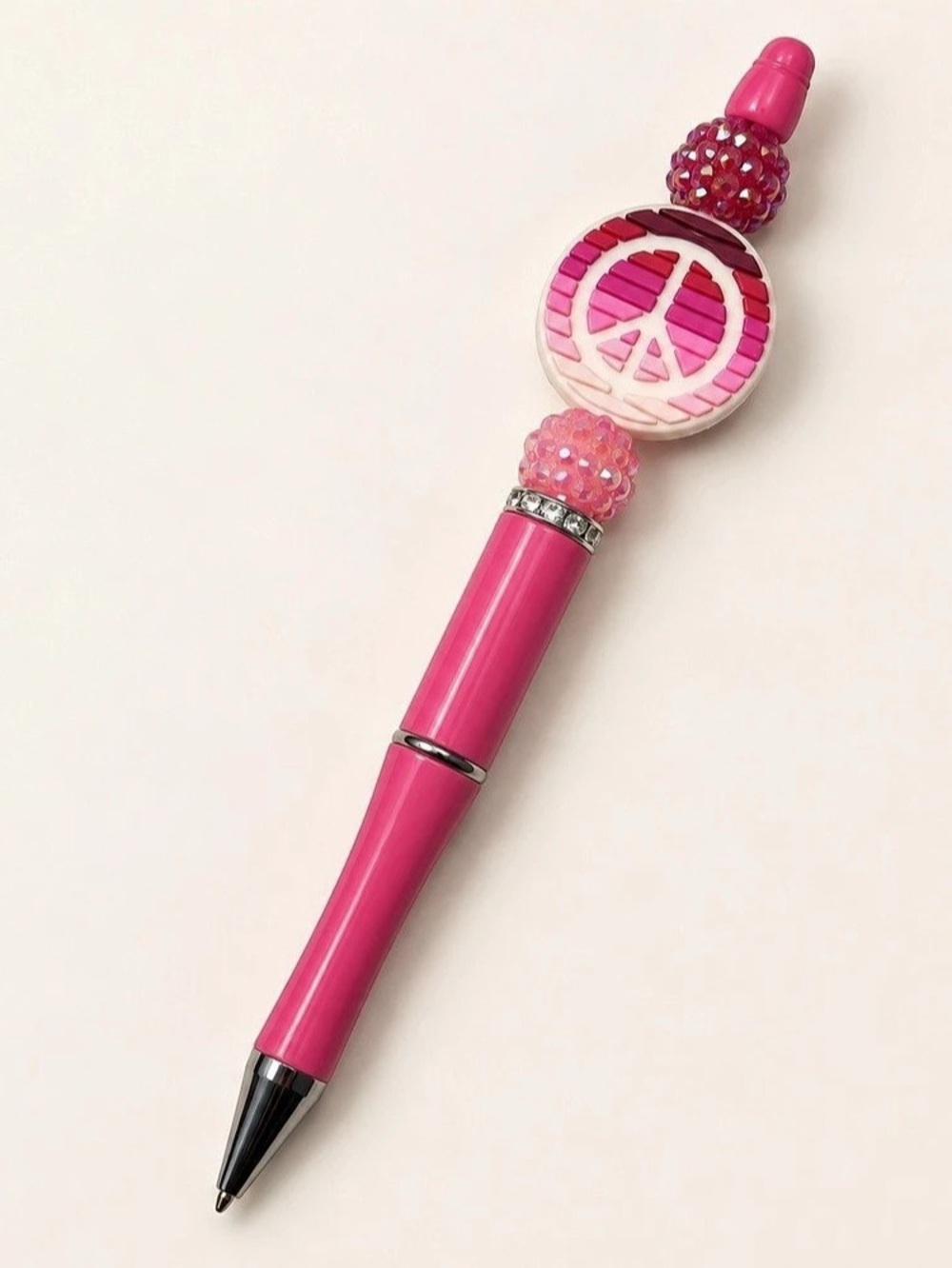 Handmade Pink Peace Sign Beaded Pen | Sparkly Journaling Gift